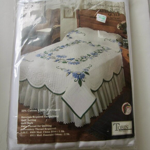 Vintage Tobin Dazzling Garden Blue White Floral 1610 Applique Quilt Kit 76 x 93"